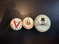Circa 1940-1945 Allied WWII Celluloid Propaganda Pinback Button Trio feat. Winston Churchill