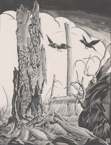 Untitled (Black Birds & Stump)