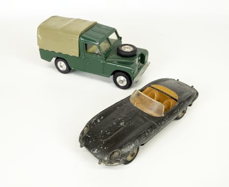 1960s Corgi Toys Die-Cast Bundle: Land Rover 109" W.B. #438 & Jaguar E-Type 4.2 Litre #335 Made in Gt. Britain